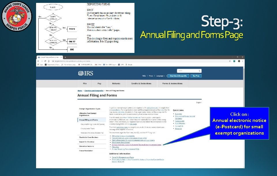 Step-3: Annual Filing and Forms Page Click on: Annual electronic notice (e-Postcard) for small