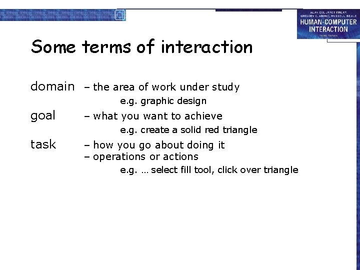 Some terms of interaction domain – the area of work under study e. g.