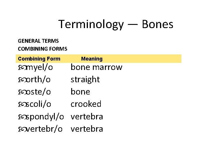 Terminology — Bones GENERAL TERMS COMBINING FORMS Combining Form myel/o orth/o oste/o scoli/o spondyl/o