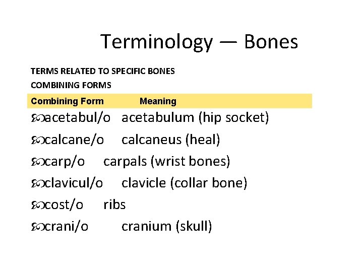 Terminology — Bones TERMS RELATED TO SPECIFIC BONES COMBINING FORMS Combining Form Meaning acetabul/o