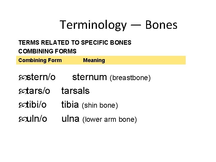 Terminology — Bones TERMS RELATED TO SPECIFIC BONES COMBINING FORMS Combining Form Meaning stern/o