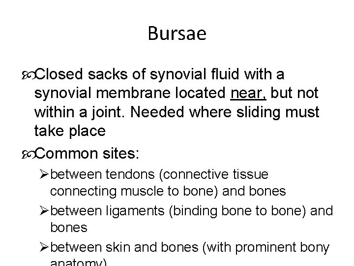 Bursae Closed sacks of synovial fluid with a synovial membrane located near, but not