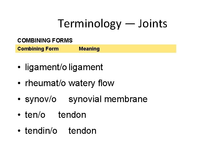 Terminology — Joints COMBINING FORMS Combining Form Meaning • ligament/o ligament • rheumat/o watery