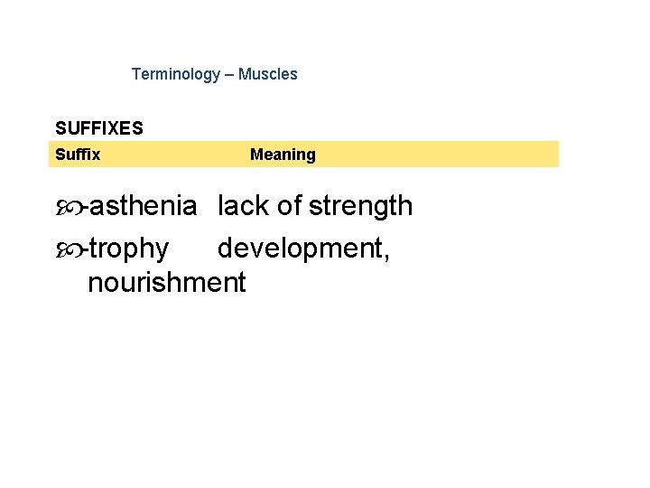 Terminology – Muscles SUFFIXES Suffix Meaning -asthenia lack of strength -trophy development, nourishment 