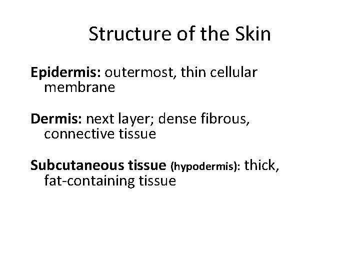 Structure of the Skin Epidermis: outermost, thin cellular membrane Dermis: next layer; dense fibrous,