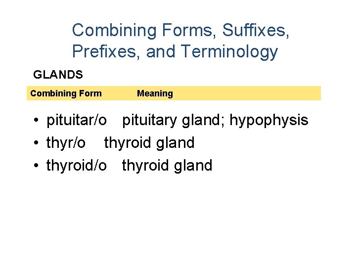 Combining Forms, Suffixes, Prefixes, and Terminology GLANDS Combining Form Meaning • pituitar/o pituitary gland;