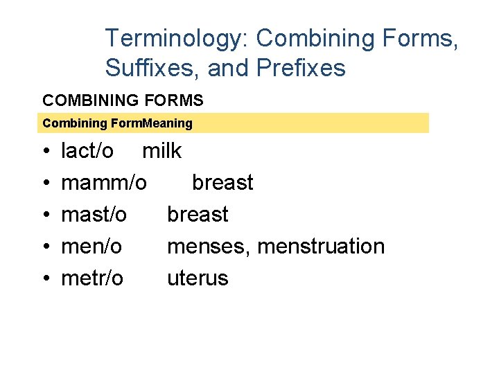 Terminology: Combining Forms, Suffixes, and Prefixes COMBINING FORMS Combining Form. Meaning • • •