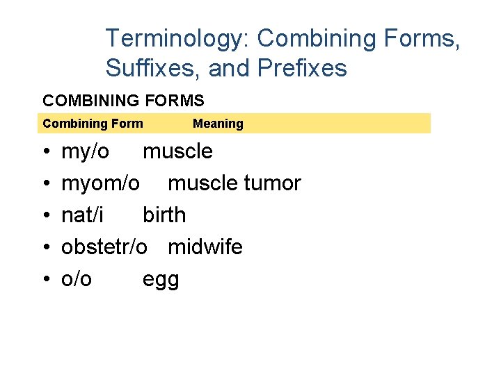 Terminology: Combining Forms, Suffixes, and Prefixes COMBINING FORMS Combining Form • • • Meaning