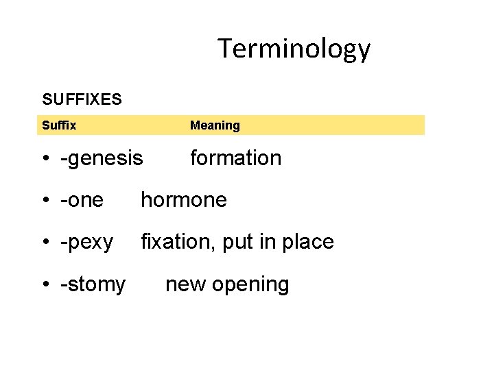 Terminology SUFFIXES Suffix Meaning • -genesis formation • -one hormone • -pexy fixation, put