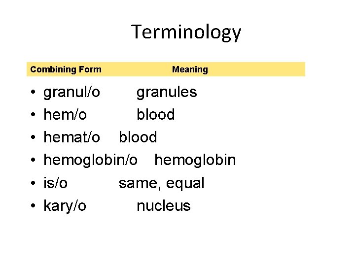 Terminology Combining Form • • • Meaning granul/o granules hem/o blood hemat/o blood hemoglobin/o