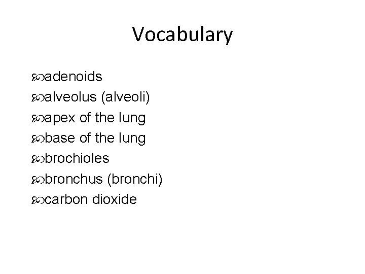 Vocabulary adenoids alveolus (alveoli) apex of the lung base of the lung brochioles bronchus