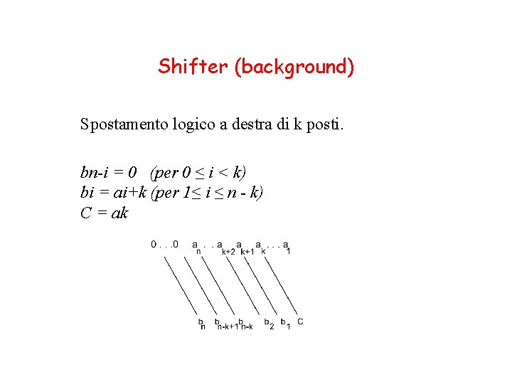Shifter (background) Spostamento logico a destra di k posti. bn-i = 0 (per 0