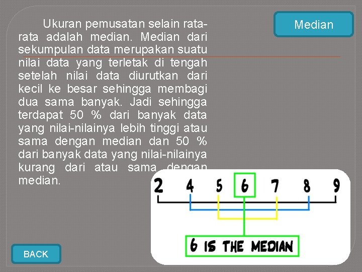 Ukuran pemusatan selain rata adalah median. Median dari sekumpulan data merupakan suatu nilai data