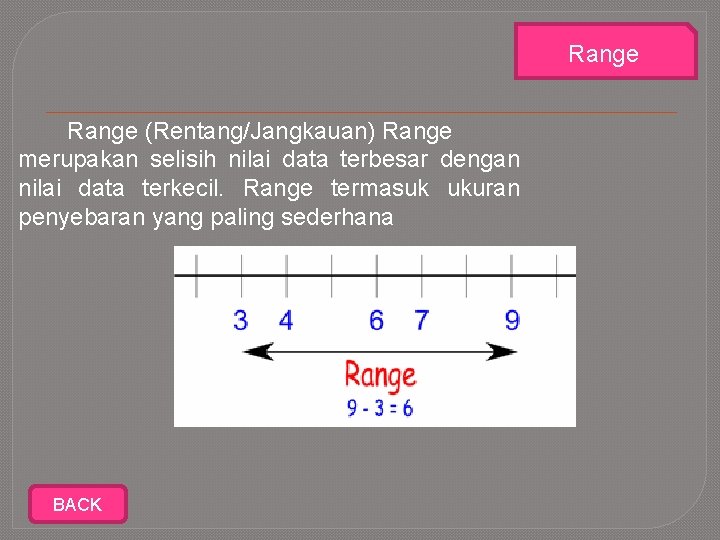 Range (Rentang/Jangkauan) Range merupakan selisih nilai data terbesar dengan nilai data terkecil. Range termasuk