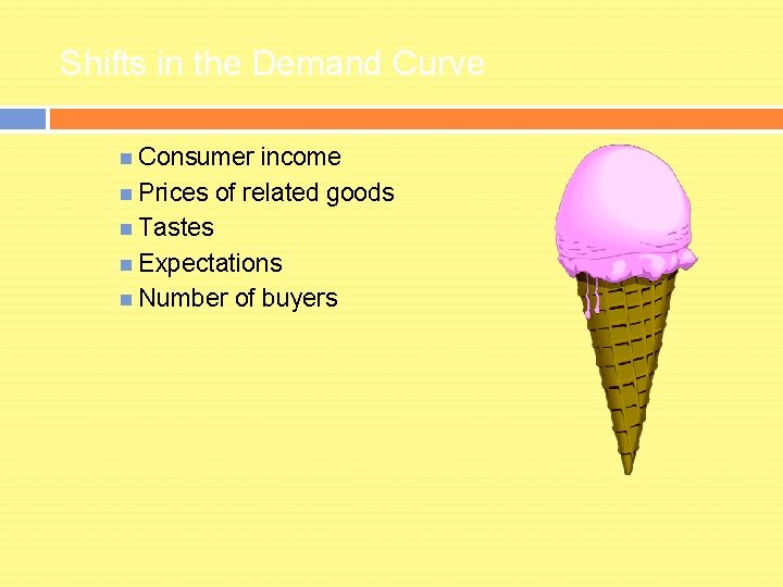 Shifts in the Demand Curve Consumer income Prices of related goods Tastes Expectations Number