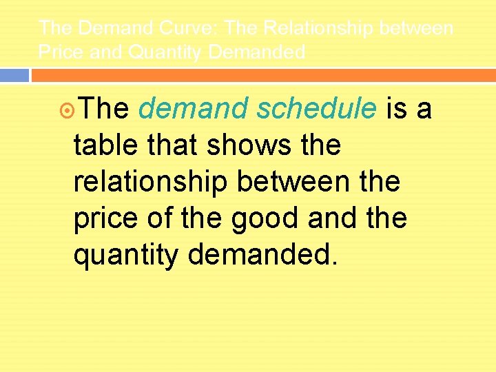 The Demand Curve: The Relationship between Price and Quantity Demanded The demand schedule is