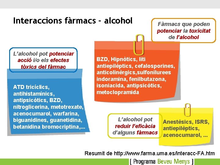 Interaccions fàrmacs - alcohol L’alcohol potenciar acció i/o els efectes tòxics del fàrmac ATD