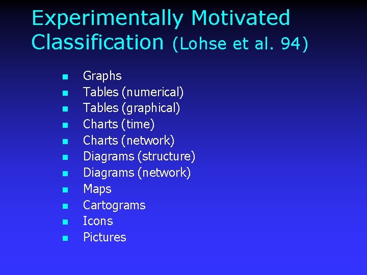 Experimentally Motivated Classification (Lohse et al. 94) n n n Graphs Tables (numerical) Tables