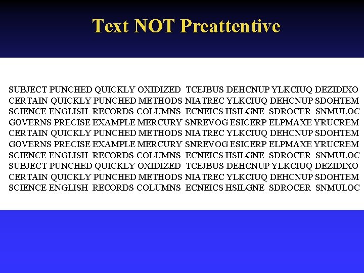 Text NOT Preattentive SUBJECT PUNCHED QUICKLY OXIDIZED TCEJBUS DEHCNUP YLKCIUQ DEZIDIXO CERTAIN QUICKLY PUNCHED