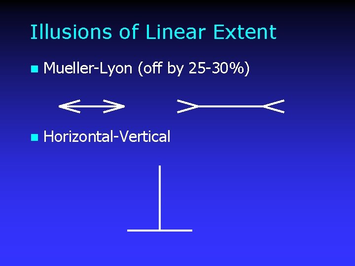 Illusions of Linear Extent n Mueller-Lyon (off by 25 -30%) n Horizontal-Vertical 