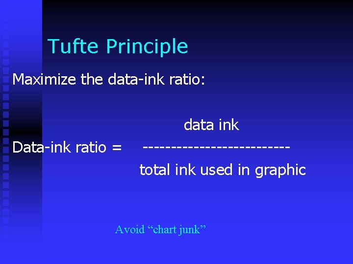 Tufte Principle Maximize the data-ink ratio: Data-ink ratio = data ink -------------total ink used