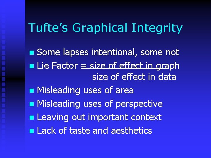 Tufte’s Graphical Integrity Some lapses intentional, some not n Lie Factor = size of