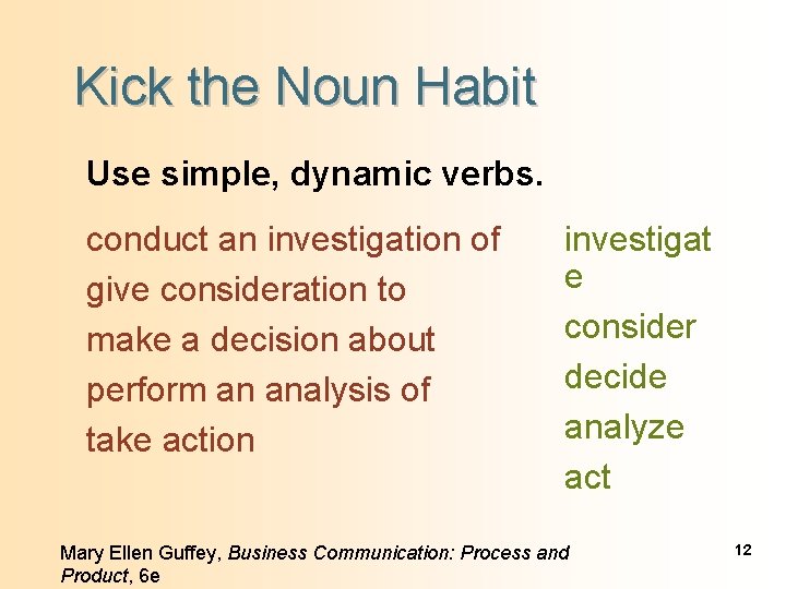 Kick the Noun Habit Use simple, dynamic verbs. conduct an investigation of give consideration