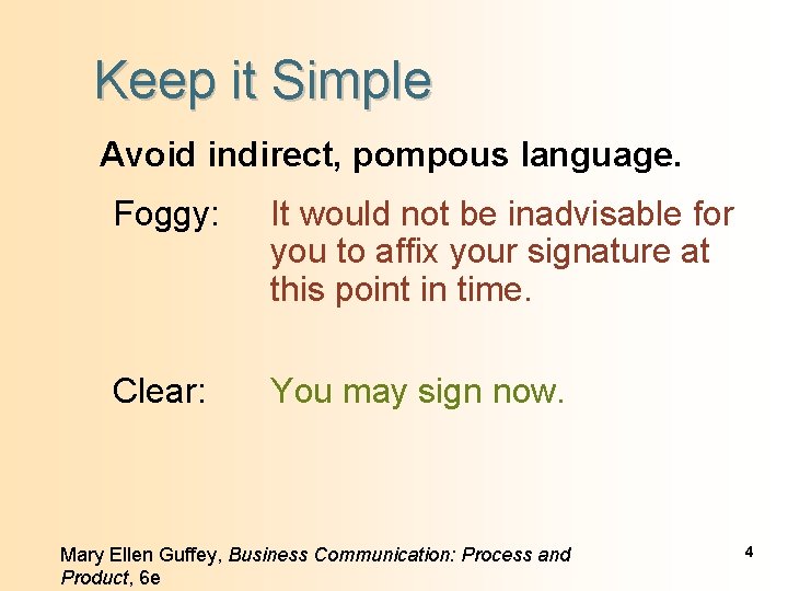 Keep it Simple Avoid indirect, pompous language. Foggy: It would not be inadvisable for