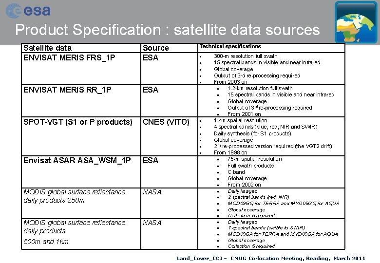 Product Specification : satellite data sources Satellite data ENVISAT MERIS FRS_1 P Technical specifications