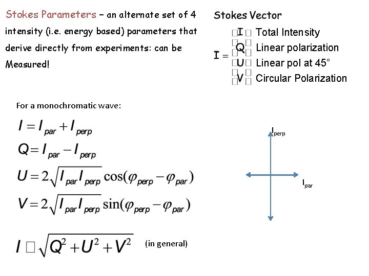 Stokes Parameters – an alternate set of 4 intensity (i. e. energy based) parameters