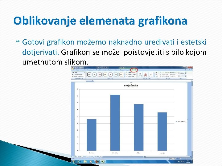 Oblikovanje elemenata grafikona Gotovi grafikon možemo naknadno uređivati i estetski dotjerivati. Grafikon se može