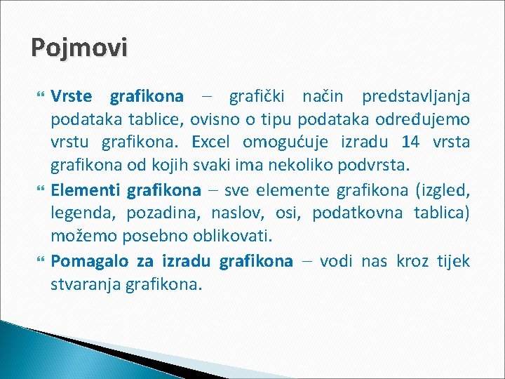 Pojmovi Vrste grafikona – grafički način predstavljanja podataka tablice, ovisno o tipu podataka određujemo