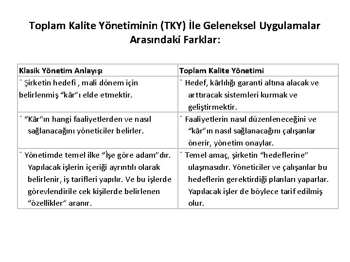 Toplam Kalite Yönetiminin (TKY) İle Geleneksel Uygulamalar Arasındaki Farklar: Klasik Yönetim Anlayışı ¨ Şirketin