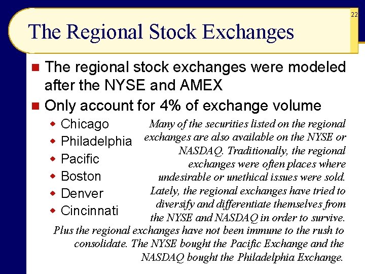 22 The Regional Stock Exchanges The regional stock exchanges were modeled after the NYSE
