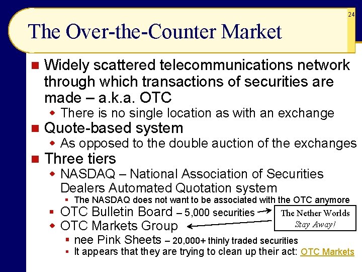 24 The Over-the-Counter Market n Widely scattered telecommunications network through which transactions of securities