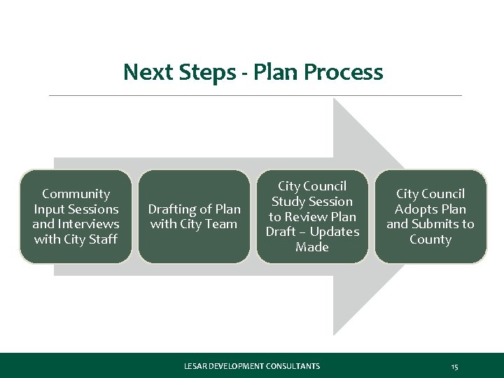 Next Steps - Plan Process Community Input Sessions and Interviews with City Staff Drafting