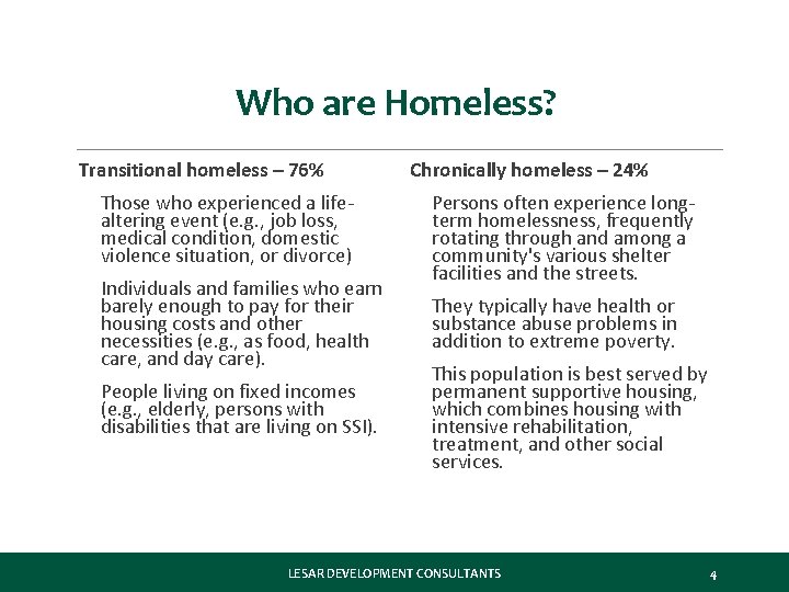 Who are Homeless? Transitional homeless – 76% Chronically homeless – 24% • Those who