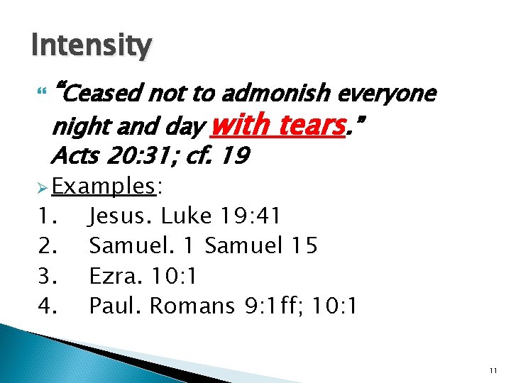 Intensity “Ceased not to admonish everyone night and day with tears. ” Acts 20:
