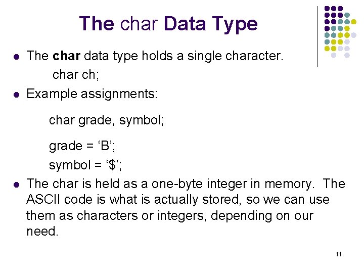 The char Data Type l l The char data type holds a single character.