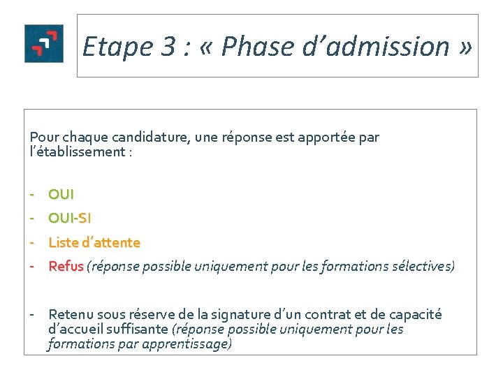 Etape 3 : « Phase d’admission » Pour chaque candidature, une réponse est apportée