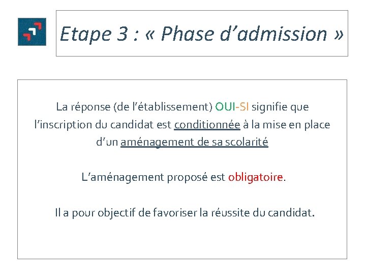 Etape 3 : « Phase d’admission » La réponse (de l’établissement) OUI-SI signifie que
