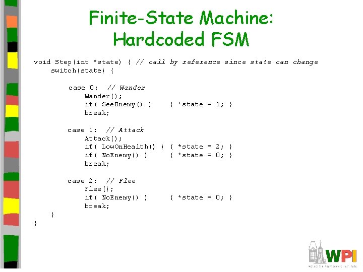 Finite-State Machine: Hardcoded FSM void Step(int *state) { // call by reference since state