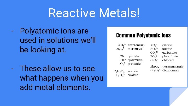 Reactive Metals! - Polyatomic ions are used in solutions we’ll be looking at. - Reactive Metals! - Polyatomic ions are used in solutions we’ll be looking at. -