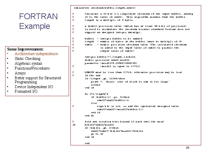 subroutine checksum(buffer, length, sum 32) FORTRAN Example Some Improvements: • Architecture independence • Static