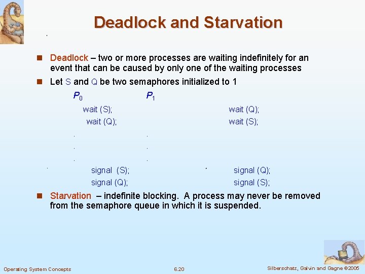 Deadlock and Starvation n Deadlock – two or more processes are waiting indefinitely for