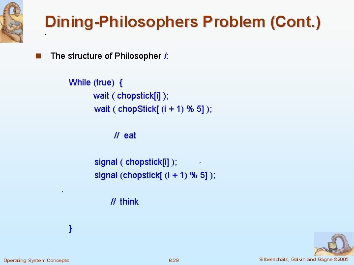 Dining-Philosophers Problem (Cont. ) n The structure of Philosopher i: While (true) { wait