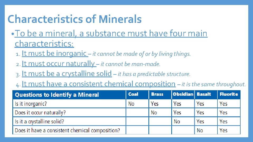 Characteristics of Minerals • To be a mineral, a substance must have four main