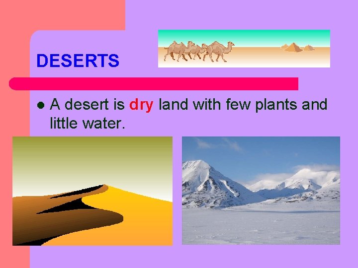 DESERTS l A desert is dry land with few plants and little water. 
