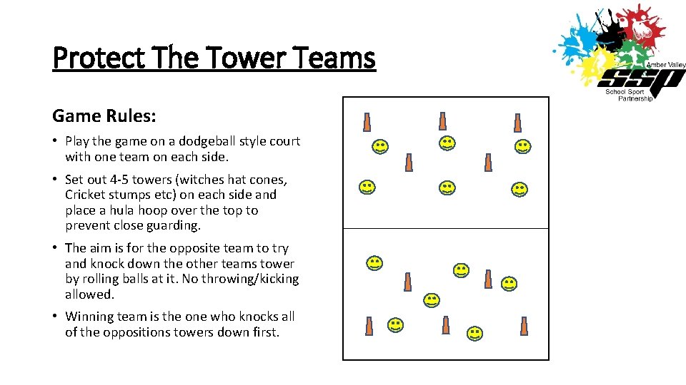 Protect The Tower Teams Game Rules: • Play the game on a dodgeball style