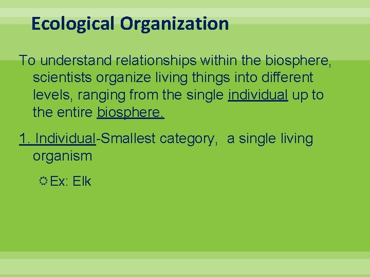Ecological Organization To understand relationships within the biosphere, scientists organize living things into different